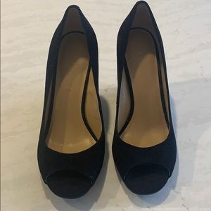 Black Suede Open Toe Wedges